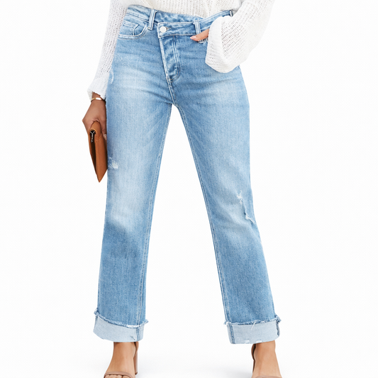 Iria - Vaqueros elásticos de cintura alta para mujer con pierna recta