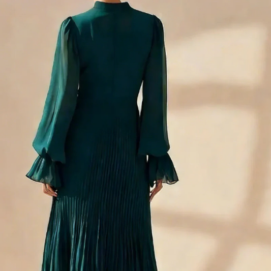 Mar - Vestido midi plisado de mujer con volantes y escote de cerradura