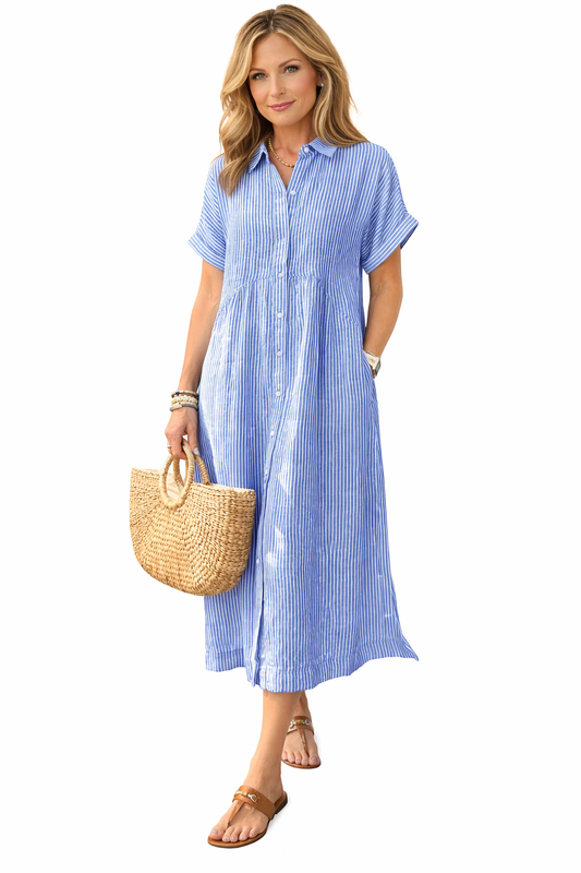 Arlet - Vestido camisero largo a rayas con solapa y escote en V para mujer