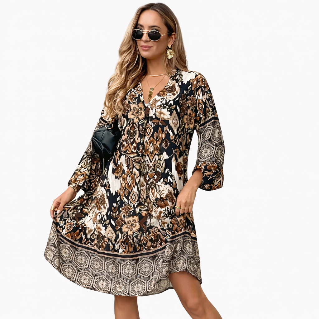 Sofia - Elegante vestido estampado con escote en pico y manga larga