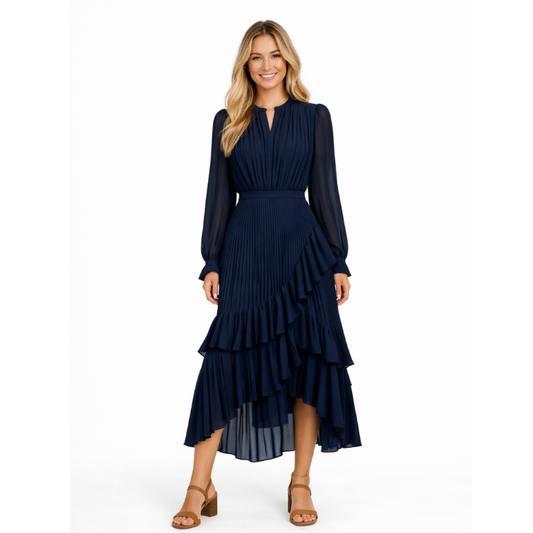 Mar - Vestido midi plisado de mujer con volantes y escote de cerradura