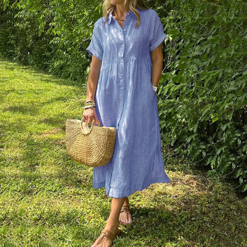 Arlet - Vestido camisero largo a rayas con solapa y escote en V para mujer