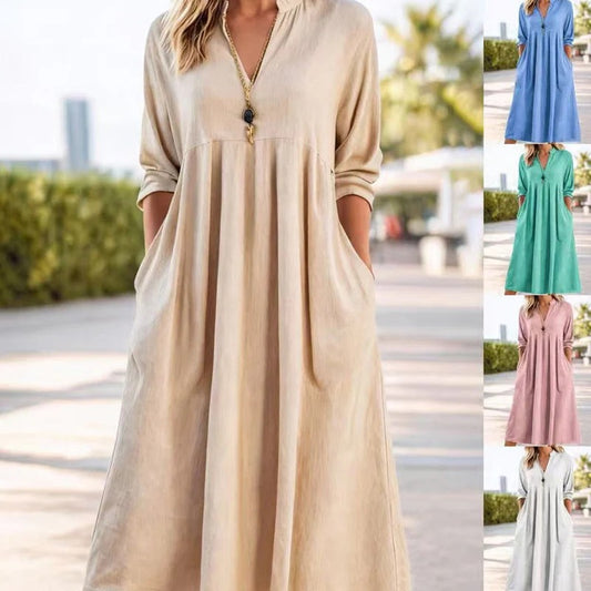 Nori - Vestido midi informal con cuello en V y bolsillos para mujer