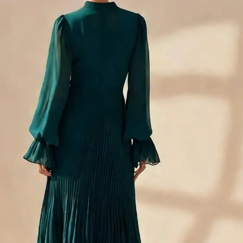 Mar - Vestido midi plisado de mujer con volantes y escote de cerradura