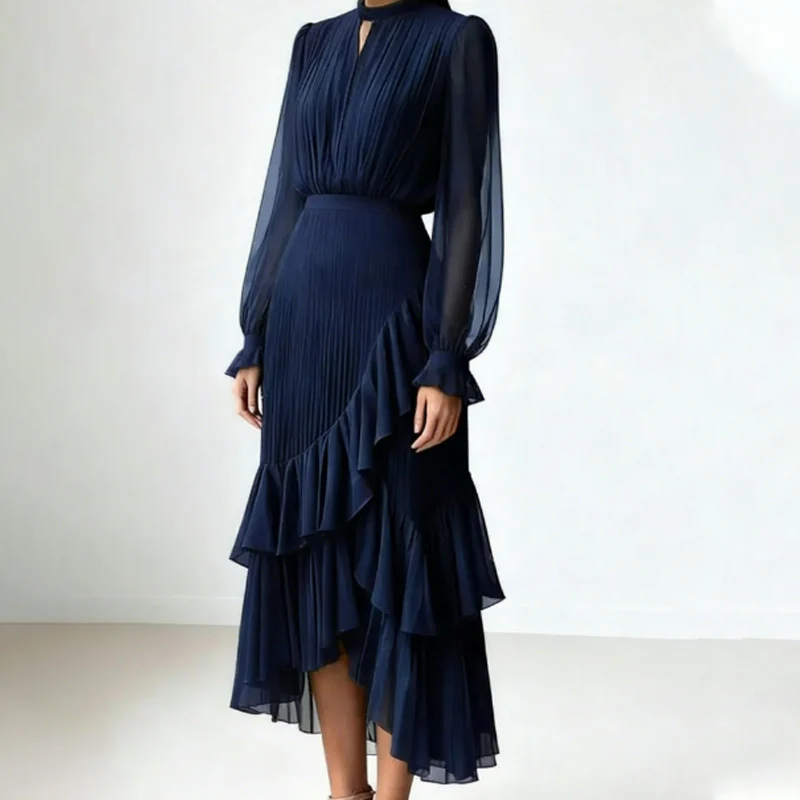 Mar - Vestido midi plisado de mujer con volantes y escote de cerradura