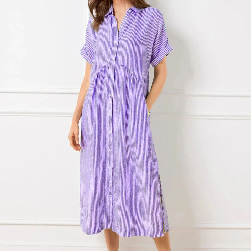 Arlet - Vestido camisero largo a rayas con solapa y escote en V para mujer