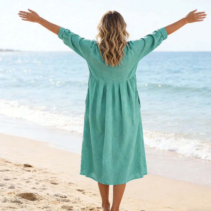 Nori - Vestido midi informal con cuello en V y bolsillos para mujer