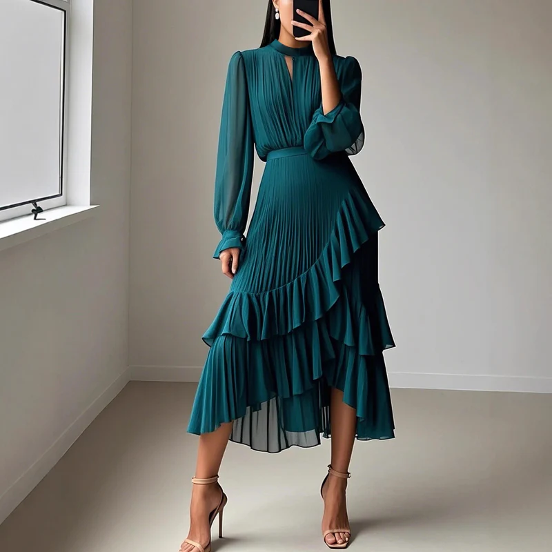 Mar - Vestido midi plisado de mujer con volantes y escote de cerradura