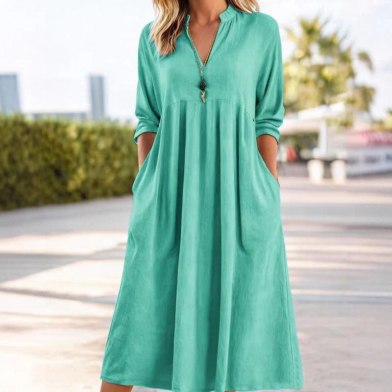 Nori - Vestido midi informal con cuello en V y bolsillos para mujer