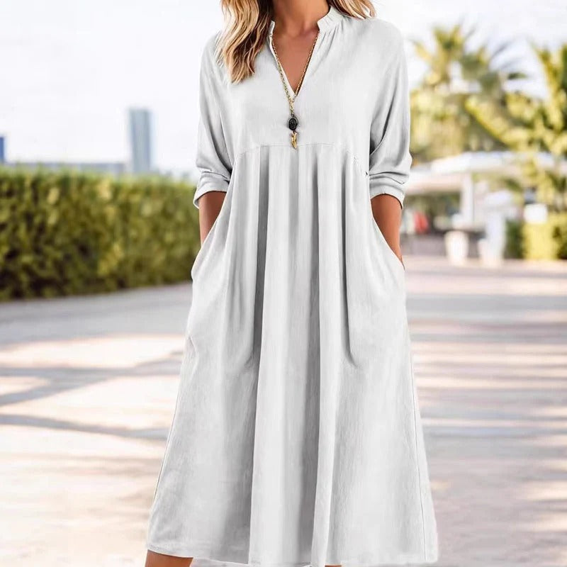Nori - Vestido midi informal con cuello en V y bolsillos para mujer